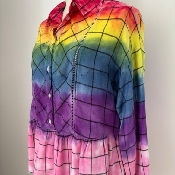Upcycled reimagined rainbow colorful flannel boho blouse - Picture 2 of 8